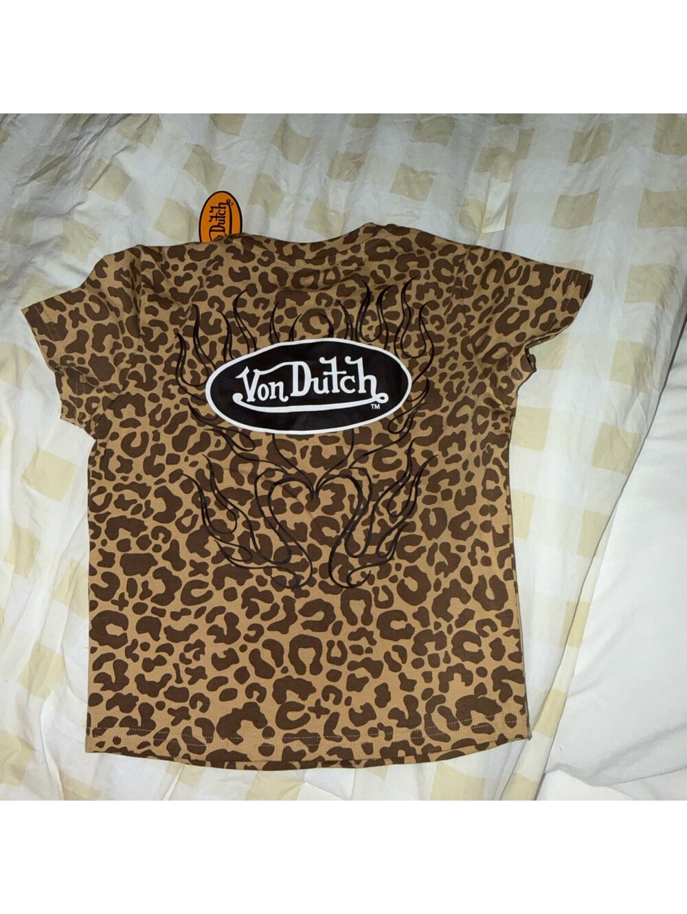 Y2K Von Dutch Tshirt , Leopard with Black Logo and flames on back, LARGE